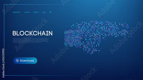 Futuristic blockchain website interface with abstract digital blocks, decentralized data structure, and modern UI design on a dark background, representing cryptocurrency, secure transactions, and