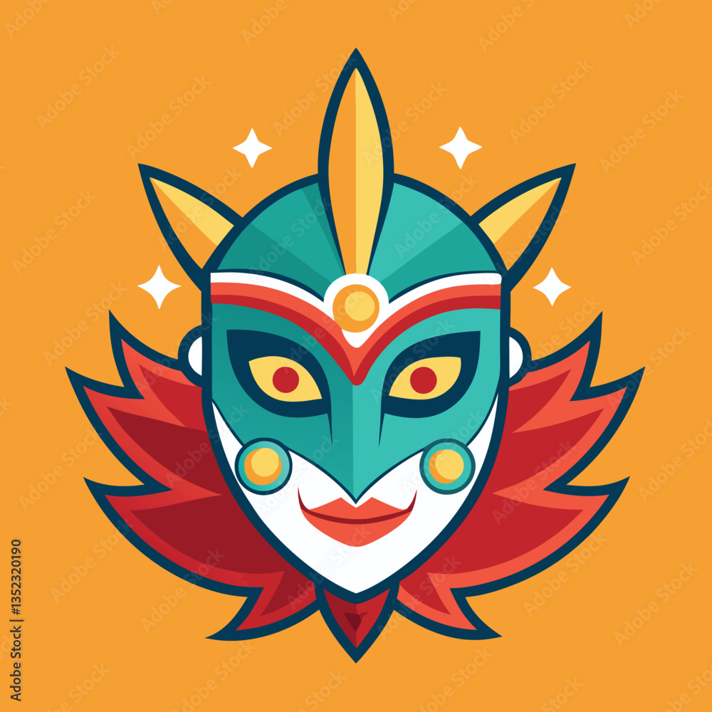 Colorful Festival Mask with Red and Teal Design, Flat vector illustration of a vibrant carnival mask with red, teal, and yellow accents on orange background, perfect for festive themes.
Colorful Festival Mask with Red and Teal Design, Flat vector illustration of a vibrant carnival mask with red, teal, and yellow accents on orange background, perfect for festive themes.