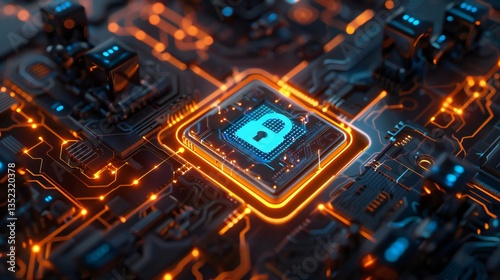 Cybersecurity's glowing heart: A digital lock secures the core of a vibrant circuit board, promising safety in the digital world with warm orange and cool blue hues.
