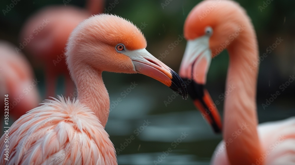 Fototapeta premium Flamingos gracefully stand tall, feathers shimmering with pink hues amidst watery backdrop