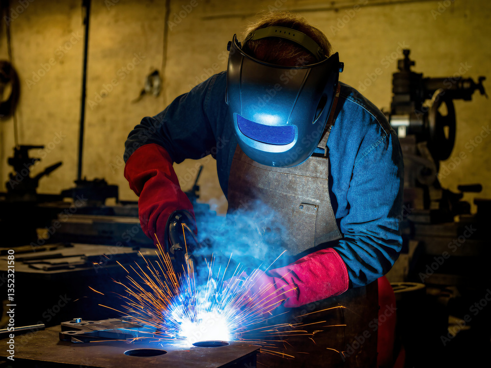 A welder is working in a workshop, wearing protective gear and producing bright sparks. A welder is working in a workshop, wearing protective gear and producing bright sparks.