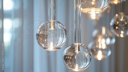 Modern glass sphere pendant lights illuminate a room.