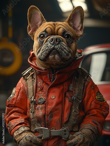 a tough and expressive bulldog stands confidently in a steampunk-inspired workshop, wearing a detailed mechanic uniform complete with utility belts, harnesses, gloves, and vintage accessories. the rea