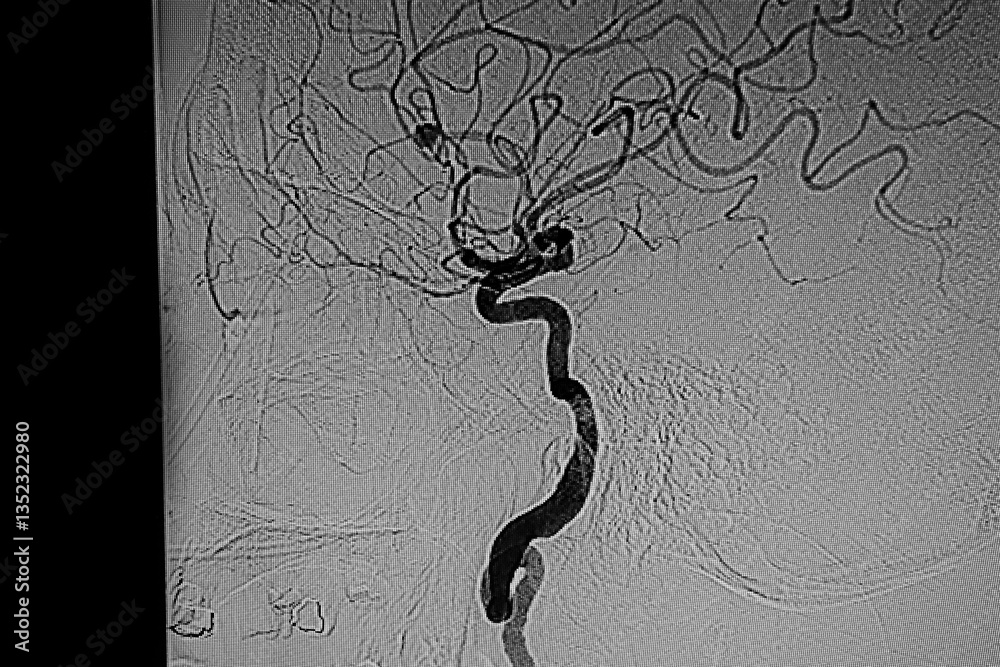 Medical themes: angiography that shows an aneurysm in the anterior cerebral artery