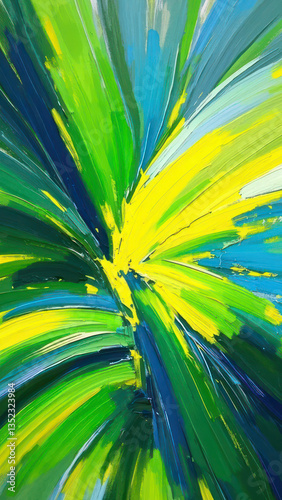 Abstract Painting Background with Flowing Brush Strokes of Green Yellow and Blue. Brazil Spirit. 9:16 Ratio