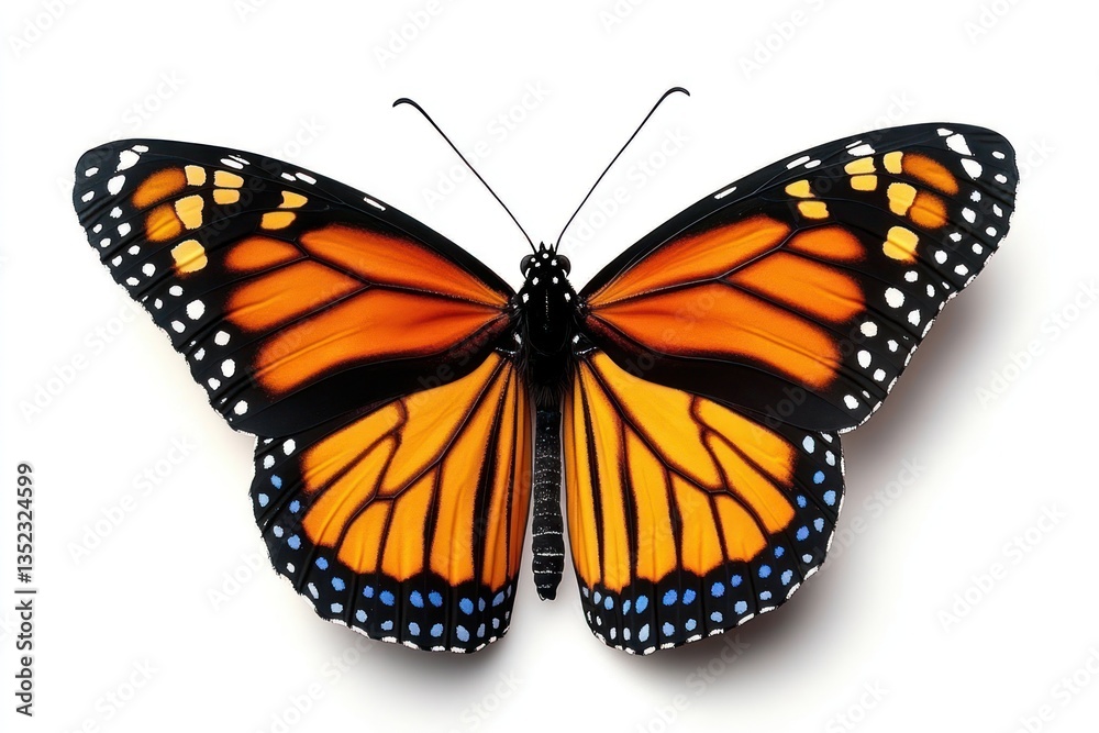 Naklejka premium Monarch butterfly wings spread, white background, nature, studio shot, design element.