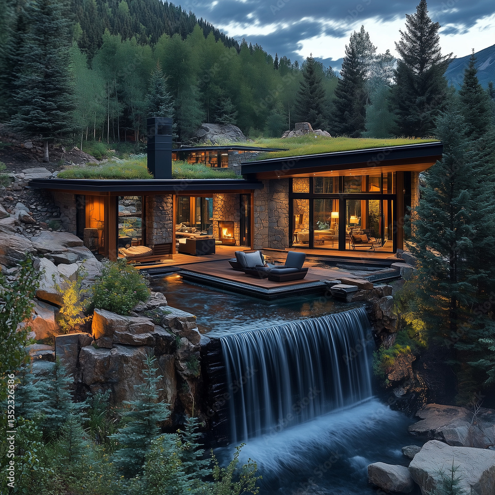 Luxury Forest Cabin by a Waterfall