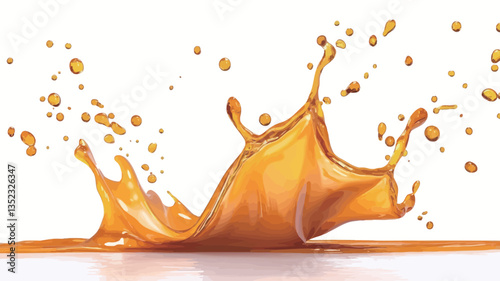 A high-resolution image depicts a dynamic splash of an amber-colored liquid against a pure white background. The liquid is translucent, exhibiting glossy highlights and a smooth texture.  The