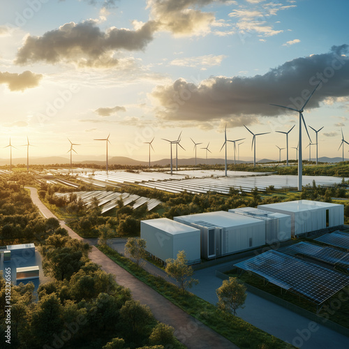 Obraz na płótnie Sustainable Energy Farm with Wind Turbines and Solar Panels w salonie