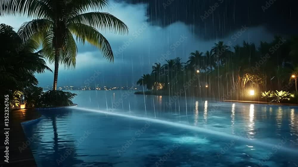 Tranquil Rainy Evening by the Poolside Oasis
