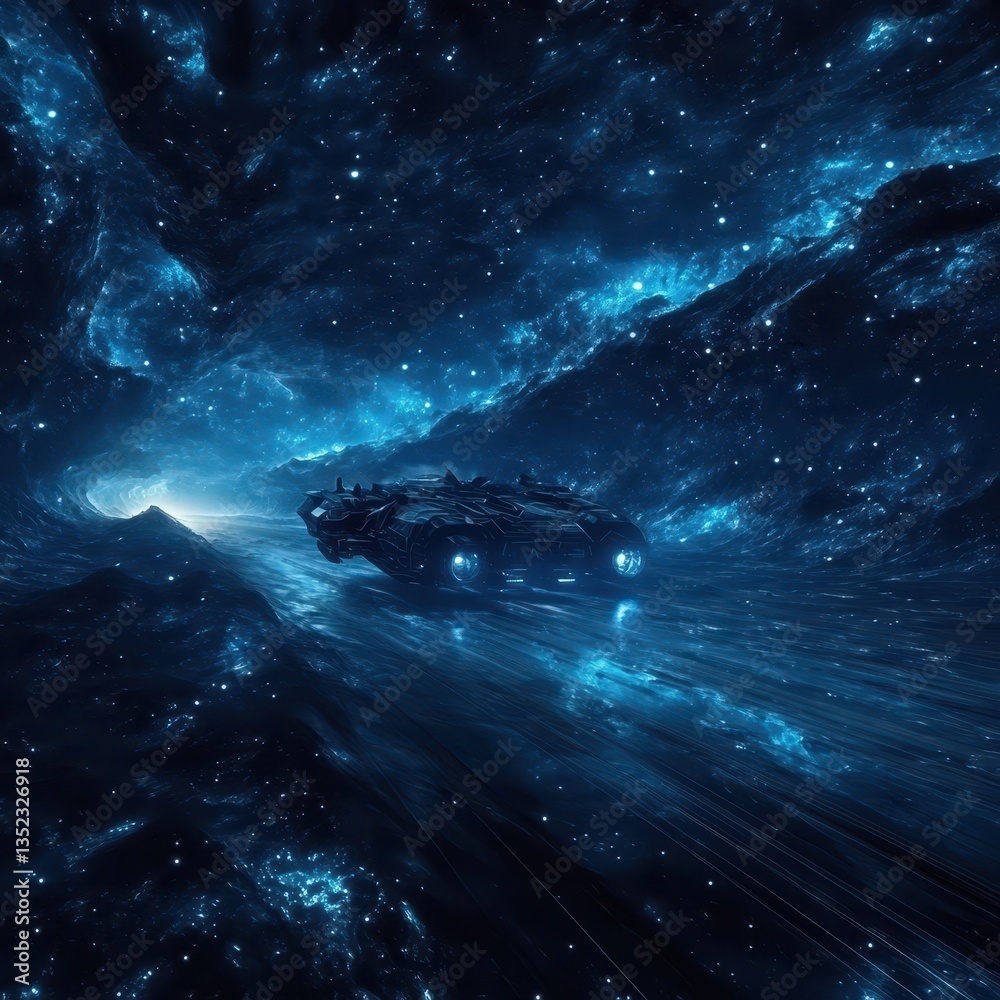 A spacecraft traverses a cosmic nebula through a starry dark expanse A spacecraft traverses a cosmic nebula through a starry dark expanse