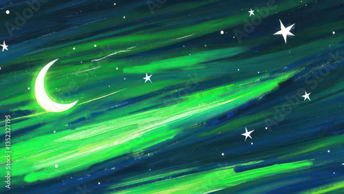 Abstract Background with Crescent Moon and Stars Painting. Pakistani Spirit. 16:9 Ratio