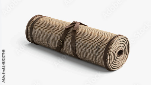 Close-up studio shot of a rolled-up parchment or scroll tied with brown leather straps. The parchment appears aged and has a light beige/brown color. The texture of the parchment and the leather is