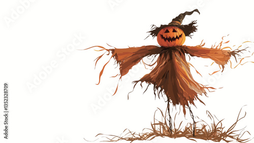 Digital illustration of a scarecrow with a pumpkin head. The scarecrow is depicted in a friendly, cartoonish style. It has outstretched arms made of straw, a body composed of bundled straw, and a