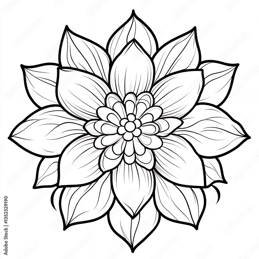 Detailed Line Art Drawing of a Symmetrical Flower