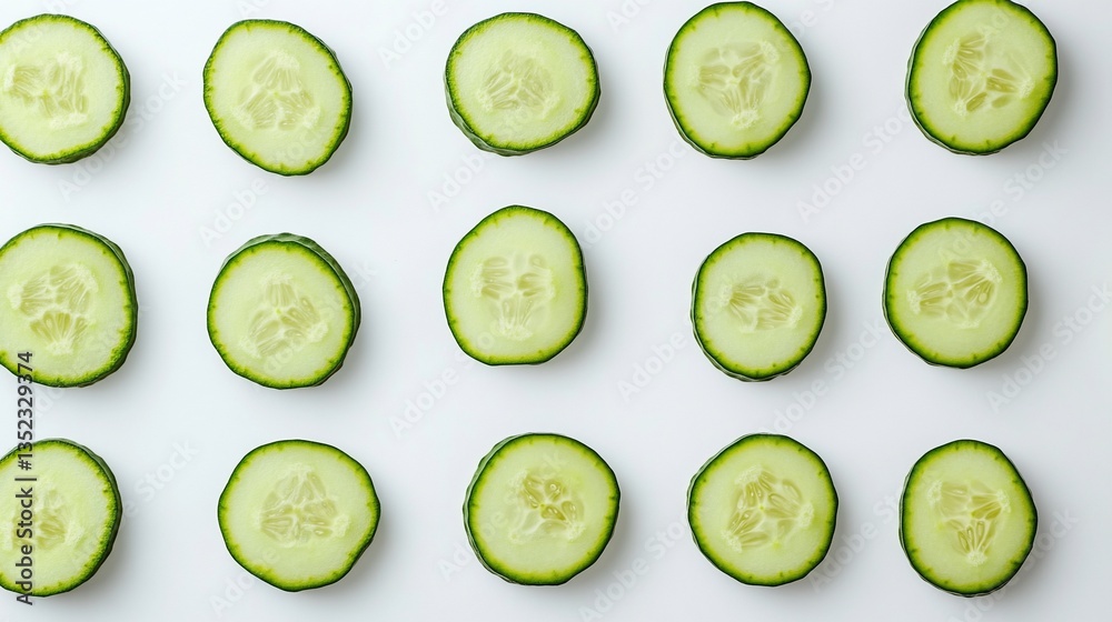 Fresh Cucumber Slices Arranged Neatly on a White Background Pattern Fresh Cucumber Slices Arranged Neatly on a White Background Pattern