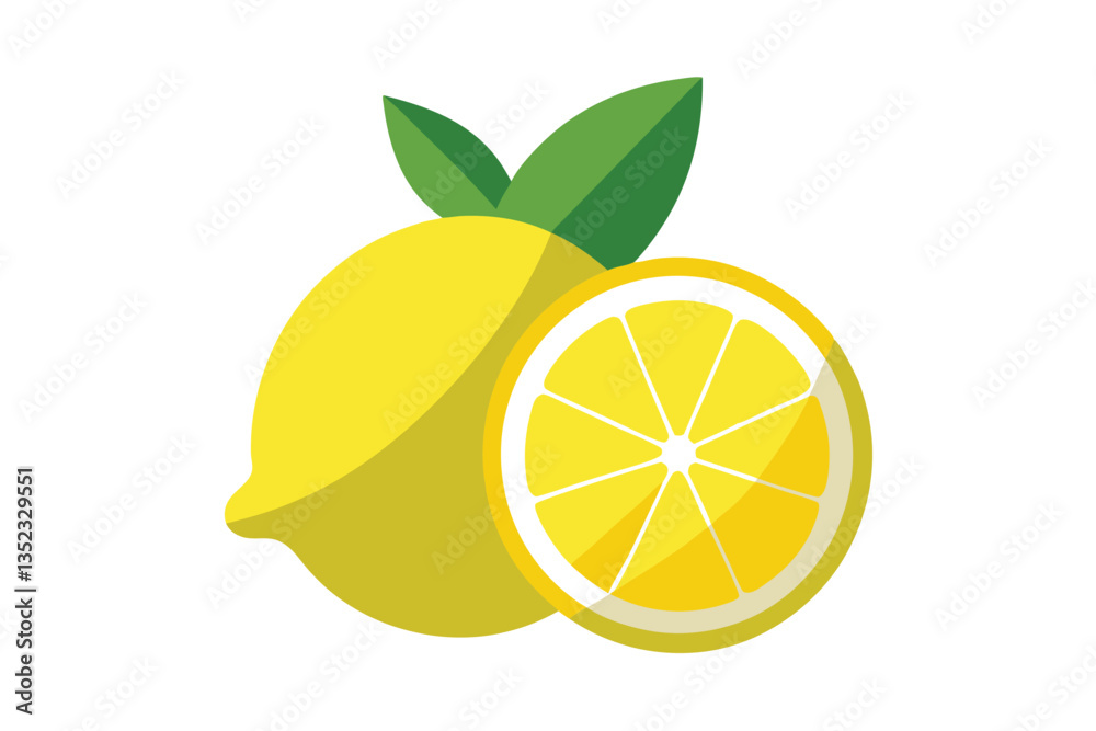 Fresh Yellow Lemon with Slice and Green Leaves, Isolated on White Background, Fruit Fresh Yellow Lemon with Slice and Green Leaves, Isolated on White Background, Fruit