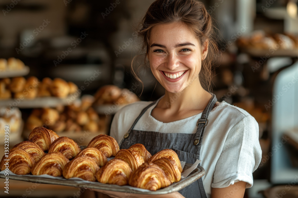 Woman holding tray of freshly baked croissants in cozy kitchen setting. Woman holding tray of freshly baked croissants in cozy kitchen setting.
