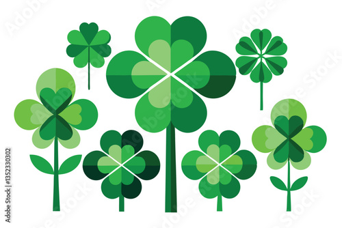 Geometric Clovers Green Shamrock Plant with Abstract Style on a Clean White Background