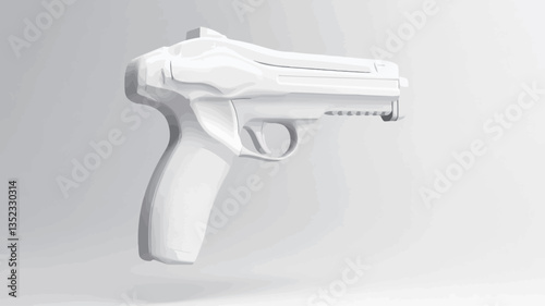 A digital 3D render of a white semi-automatic handgun is presented against a light grey background. The handgun is depicted in a three-quarter view, showcasing its smooth, simple design and