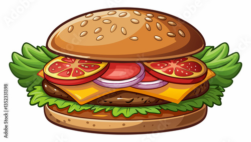 a Suya Burger. pretzel bun, thin grilled sirloin suya steak slice, topped with american cheese, lettuce, fresh uncooked slice of onion, fresh uncooked tomato slice. Shot against a plain white backgrou