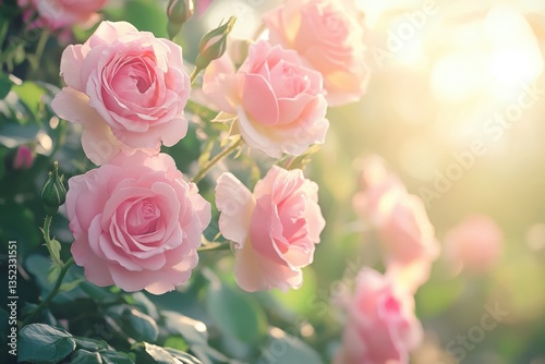 Fototapeta Naklejka Na Ścianę i Meble -  A soft focus image of several light pink roses in full bloom with green buds and leaves around them