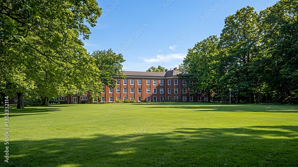 Sunny day on a college campus, showing a large brick building surrounded by lush green lawns and mature trees.