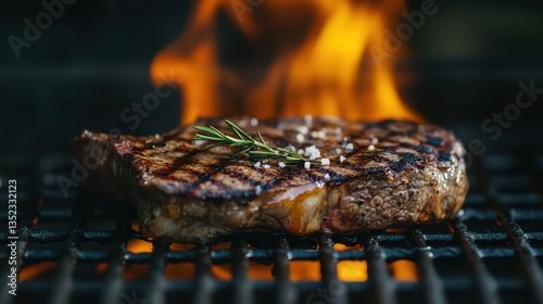 A sizzling Picanya steak on the barbecue grill, flames licking its edges and juices dripping down, releasing a rich and savory aroma into the air.