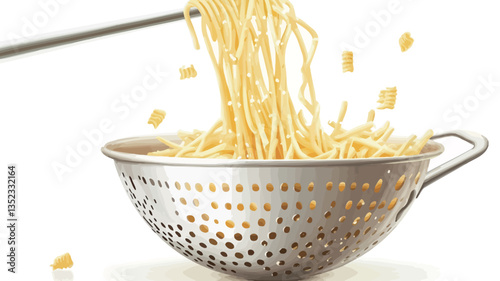 Close-up shot of a metal colander containing cooked noodles.  A portion of the noodles is being lifted with a utensil, allowing water to drain.  Some small, yellow particles are visible among the