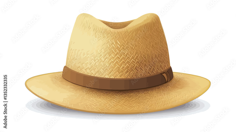 A digital illustration of a light beige straw fedora hat with a brown band around the crown. The hat is presented in a front-on view against a white background. The straw weave texture is visible, A digital illustration of a light beige straw fedora hat with a brown band around the crown. The hat is presented in a front-on view against a white background. The straw weave texture is visible,
