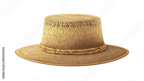 A high-angle, full shot of a straw boater hat. The hat is light beige or tan, made of woven straw with a visible textured surface.  It features a flat crown and a wide brim. A woven rope detail is