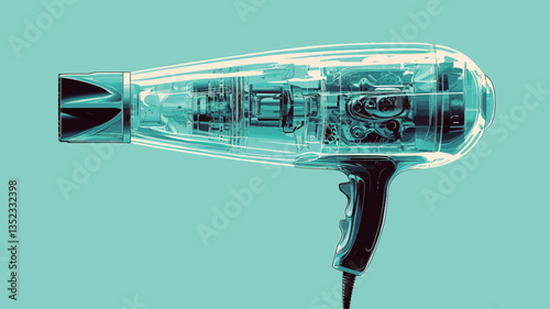 Close-up studio shot of a hair dryer with a transparent casing revealing internal components. The background is a solid light teal or aqua color. The hair dryer is presented at a slight angle,