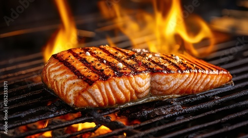 A sizzling salmon steak on the barbecue, flames licking at the edges and juices dripping down, releasing a rich, smoky aroma into the air.