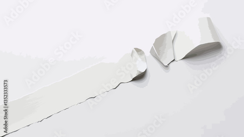 High-angle, close-up view of a long, thin strip of white paper that has been torn unevenly. The paper is mostly intact, with a long, jagged tear running its length. There are a few smaller,