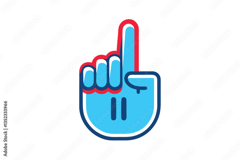 Number One Finger Symbol. Blue Foam Hand with Red Outline. Upward Pointing Hand Number One Finger Symbol. Blue Foam Hand with Red Outline. Upward Pointing Hand