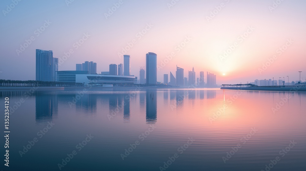 Obraz premium the city skyline and a lake at sunset, Abu Dhabi, UAE 