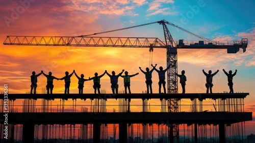 Construction Workers Celebrate at Sunset