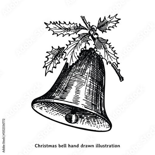 Christmas bell illustration. Bell hand drawn illustration in vintage engraving style