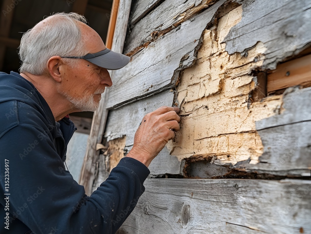 Fototapeta premium Cracked wooden walls with termite damage requiring urgent repair and pest control