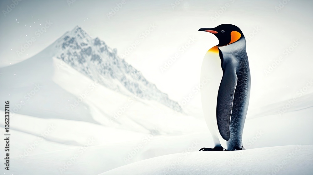 Fototapeta premium Emperor Penguin Standing on Snow with Mountain Backdrop in Antarctica