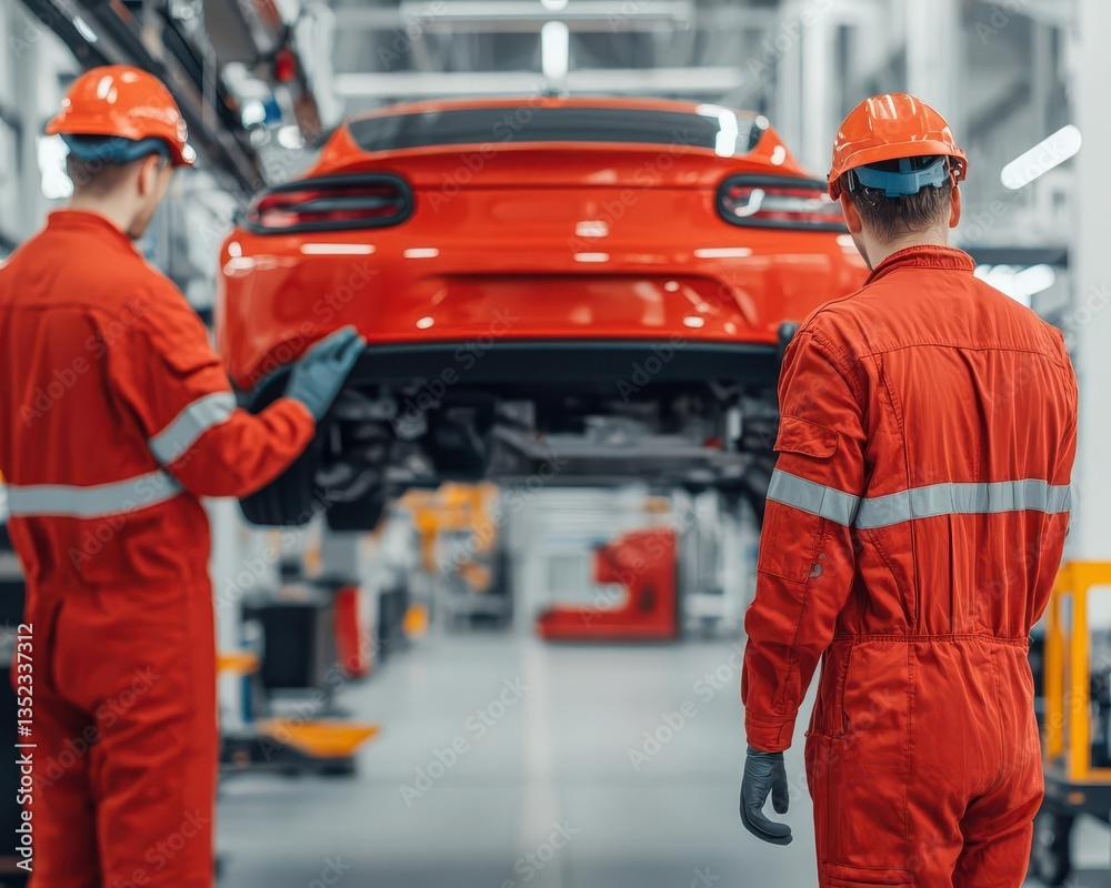 Supercar undergoing a comprehensive maintenance check, with robotic arms inspecting the undercarriage and suspension Supercar undergoing a comprehensive maintenance check, with robotic arms inspecting the undercarriage and suspension