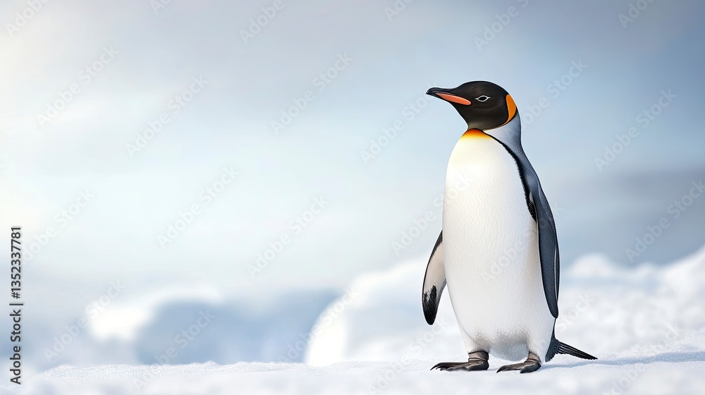 Naklejka premium Lone King Penguin Standing on Snow in Antarctica Looking Away