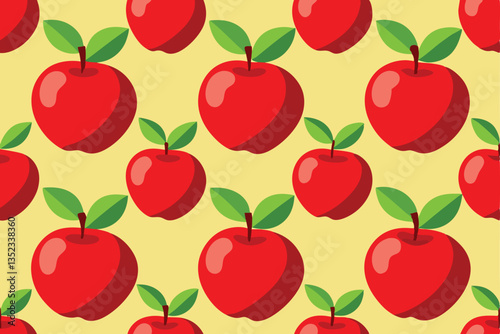 Seamless Apple Pattern, Red Apples, Green Leaves, Flat Design, Bright Background, Repeat