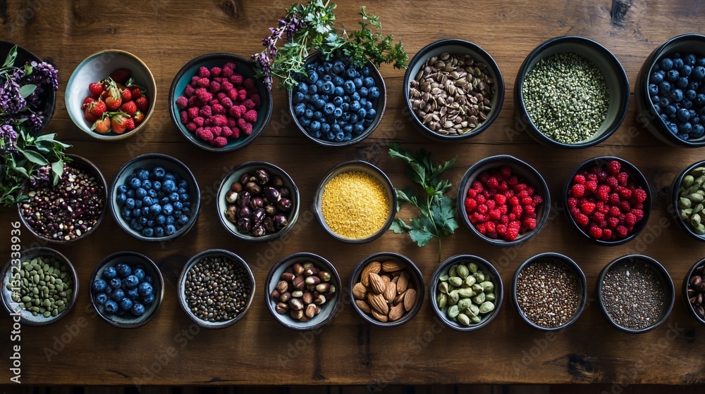 Fototapeta premium Healthy Superfood Bowls Arranged on Rustic Wooden Table, Top-Down View