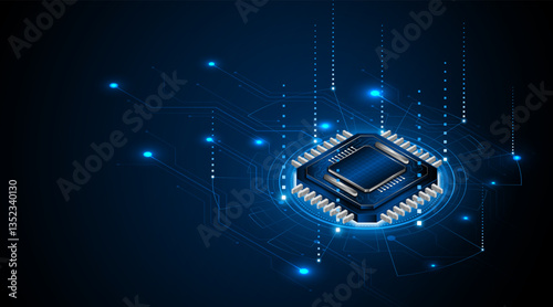 Microchip processor circuit board technology on dark blue background. Information Processing Concept. Circuit board hi-tech technology background. vector illustration	