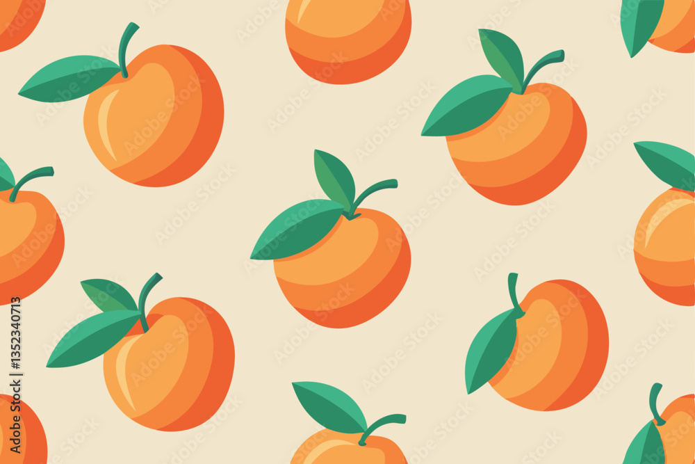 Seamless Peach Pattern, Flat Design Style, Repeating Orange Fruit & Green Leaves on Beige Seamless Peach Pattern, Flat Design Style, Repeating Orange Fruit & Green Leaves on Beige