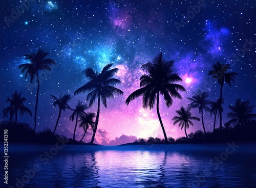 Palm Trees Silhouettes Reflecting on Water Under a Starry Night Sky