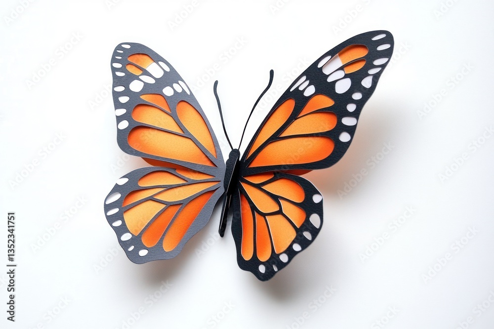 Obraz premium Paper butterfly craft, orange, white background, art project, design element.