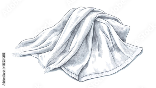 A close-up illustration of a white fabric draped and folded on a surface. The illustration is rendered in grayscale, showing variations in tone and shading to depict the texture and folds of the