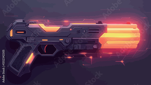 A digital rendering of a futuristic handgun. The weapon is predominantly dark gray with orange and yellow accents.  The energy core or magazine is brightly lit with an orange glow.  The background